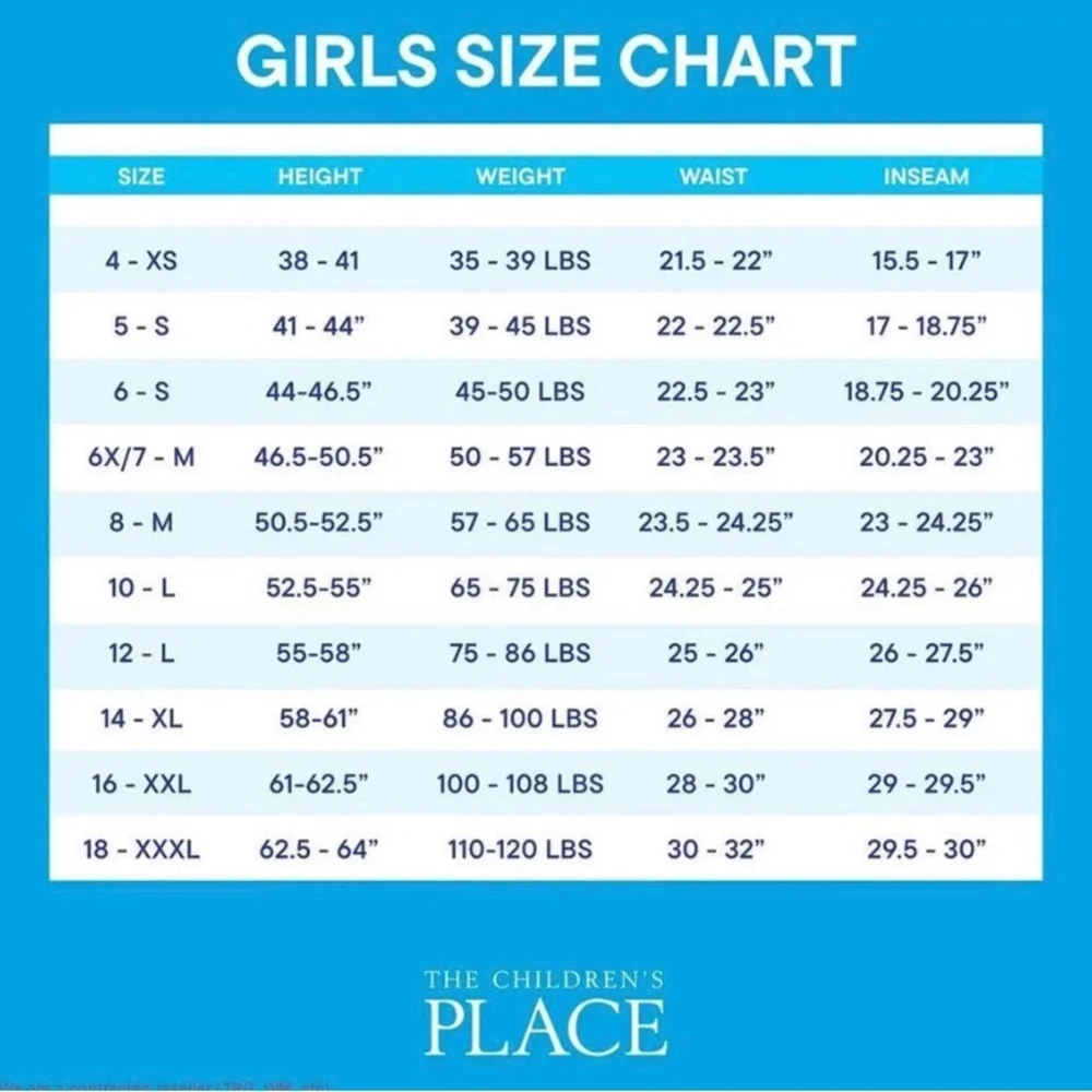 The Children's Place Girls Size Chart - Blue and White Grid